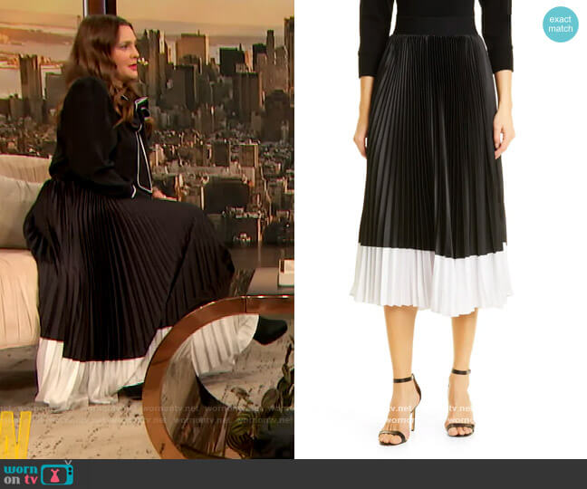 Katz two-tone pleated satin midi skirt by Alice + Olivia worn by Drew Barrymore  on The Drew Barrymore Show