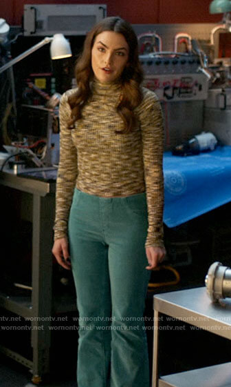 Allegra's space dye top and turquoise corduroy pants on The Flash