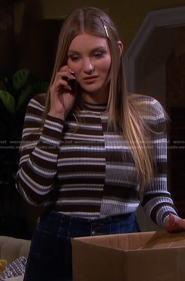 Allie’s brown and grey striped sweater on Days of our Lives