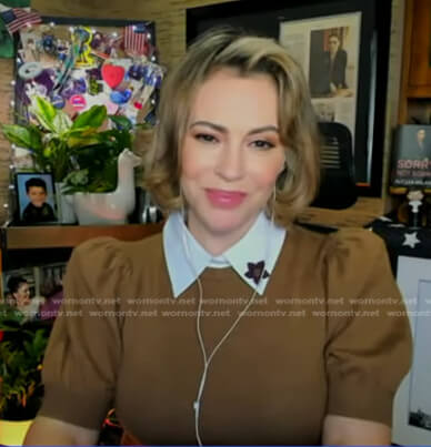 Alyssa Milano’s brown puff sleeve collared sweater on Good Morning America
