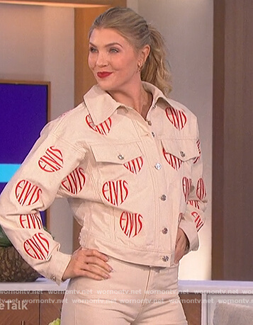 Amanda's ivory Elvis embroidered leather jacket on The Talk