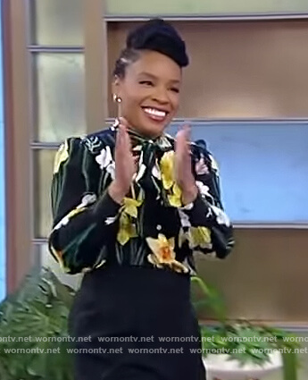 amber Ruffin’s black floral print blouse on Tamron Hall Show