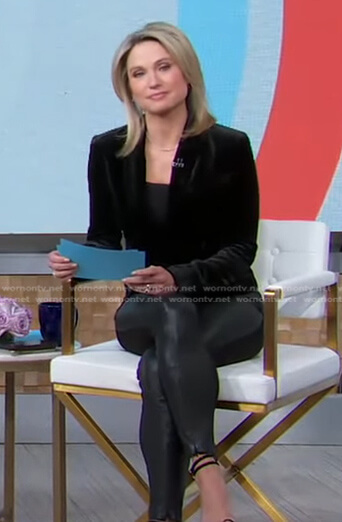 Amy’s black double breasted velvet blazer and leggings on Good Morning America