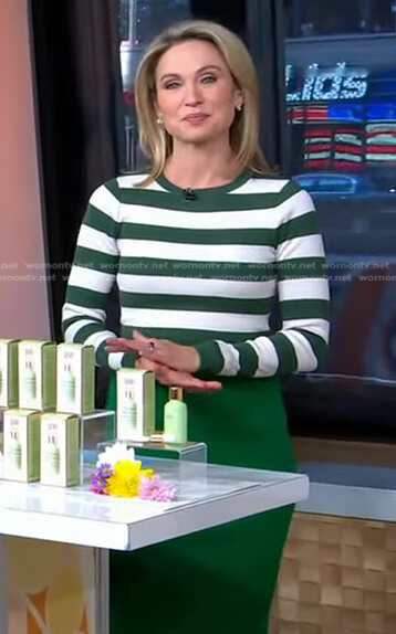 Amy’s green striped sweater and knit skirt on Good Morning America