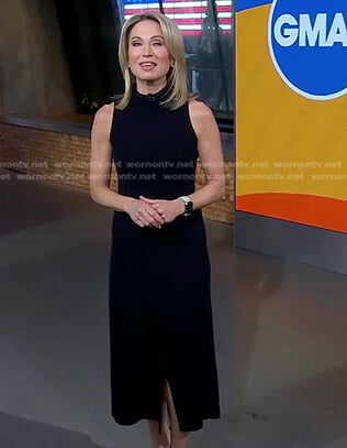 Amy’s navy ribbed sleeveless knit dress on Good Morning America