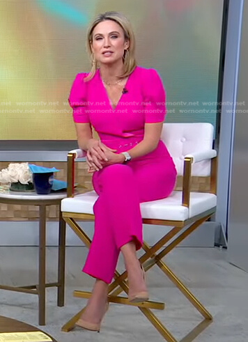 Amy’s pink puff sleeve belted jumpsuit on Good Morning America
