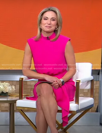Amy’s fuchsia pink mock neck draped dress on Good Morning America