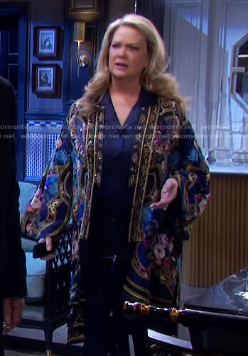 Anna's navy floral embroidered kimono on Days of our Lives