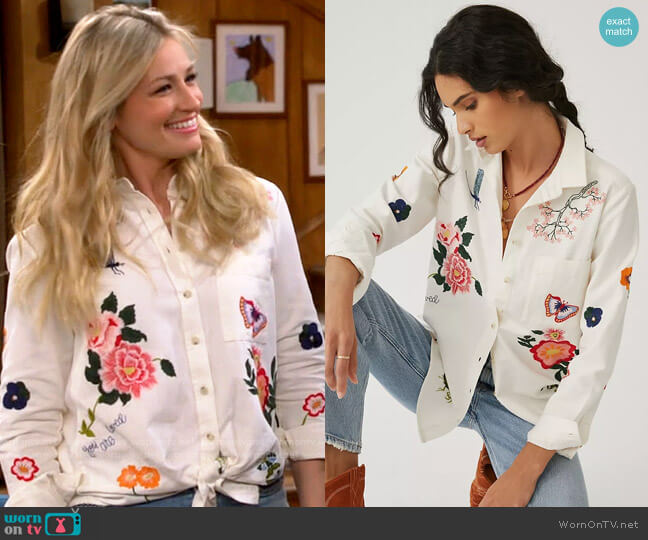 Pilcro Embroidered Classic Buttondown worn by Gemma (Beth Behrs) on The Neighborhood