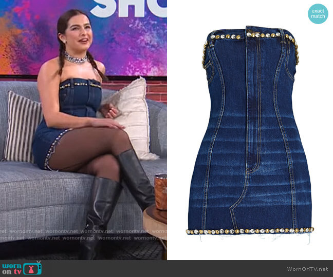 Strapless Crystal-Embellished Denim Mini Dress by Area worn by Addison Rae on The Kelly Clarkson Show