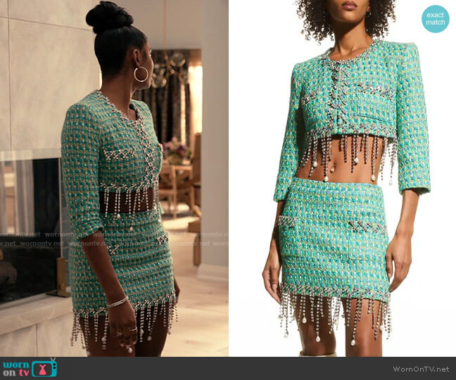 Area Cropped Tweed Blazer w/ Pearl Drop Fringe and Skirt worn by Hilary Banks (Coco Jones) on Bel-Air