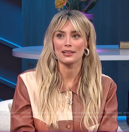 Arielle Vandenberg’s brown patchwork leather shirt on E! News Nightly Pop