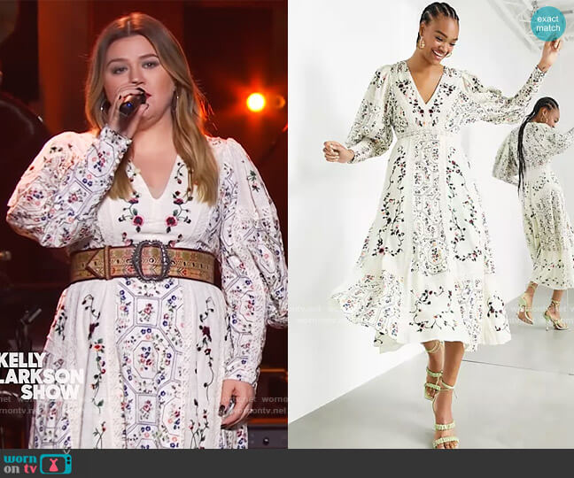 Floral Embroidered Midi Dress with lace inserts by ASOS worn by Kelly Clarkson on The Kelly Clarkson Show