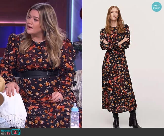 Midi Dress in 70's floral by Mango worn by Kelly Clarkson on The Kelly Clarkson Show