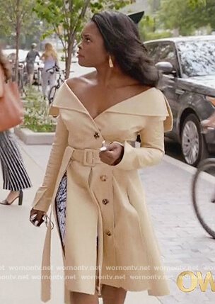 August’s beige off shoulder trench coat on The Kings of Napa