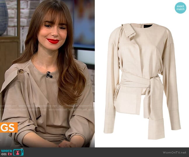 A.W.A.K.E. Mode Asymmetric Shirt Detail Blouse worn by Lily Collins on CBS Mornings