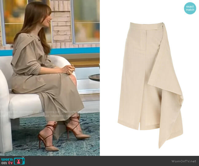 A.W.A.K.E. Mode Deconstructed Double Midi Skirt worn by Lily Collins on CBS Mornings