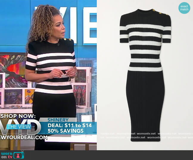 Button-embellished striped ribbed wool midi dress by Balmain worn by Sunny Hostin on The View