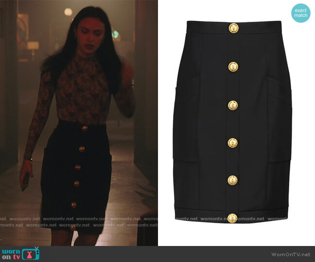 Buttoned wool skirt by Balmain worn by Veronica Lodge (Camila Mendes) on Riverdale