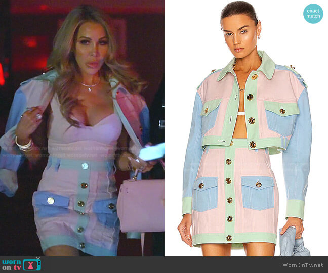 Cropped Patchwork Denim Jacket and Skirt by Balmain worn by Lisa Hochstein  on The Real Housewives of Miami