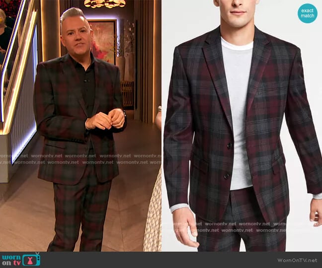 Slim-Fit Burgundy Plaid Suit Jacket by Bar III worn by Ross Mathews on The Drew Barrymore Show