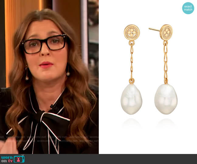 Baroque Pearl Chain Drop Earrings by Anna Beck worn by Drew Barrymore  on The Drew Barrymore Show