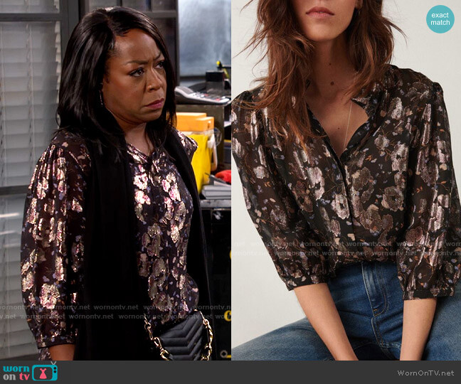 WornOnTV: Tina’s metallic patterned blouse on The Neighborhood ...