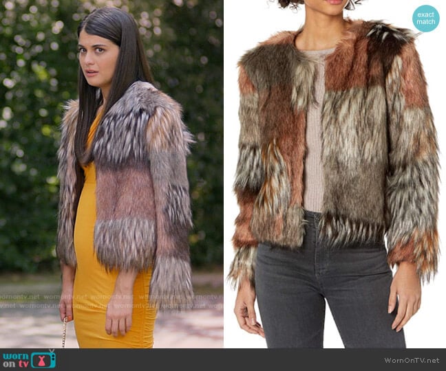 BB Dakota Patch My Drift Faux Fur Jacket worn by Samantha Fink (Sofia Black-D'Elia) on Single Drunk Female