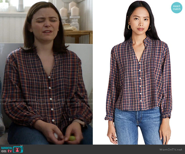 Jodie’s plaid v-neck button front top on Pivoting