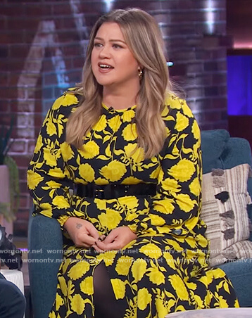 Kelly's black floral print midi dress on The Kelly Clarkson Show