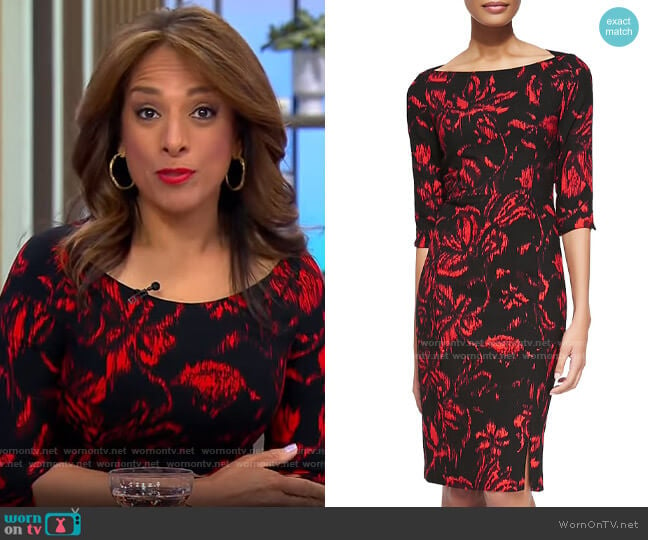 Black Halo Marissa Floral-Print Crepe Sheath Dress worn by Michelle Miller on CBS Mornings