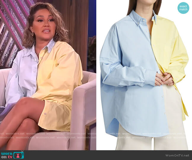 Harry Oversized Two-Tone Cotton Shirt by Blanca worn by Adrienne Houghton on The Real