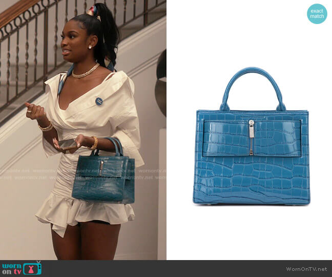 Brandon Blackwood Medium Kuei in Blue Crocodile worn by Hilary Banks (Coco Jones) on Bel-Air