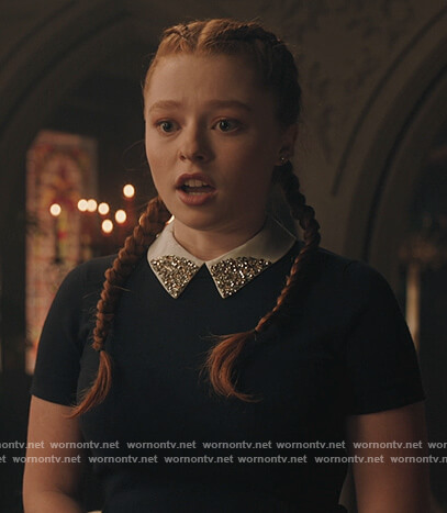 Britta's navy embellished collar sweater on Riverdale