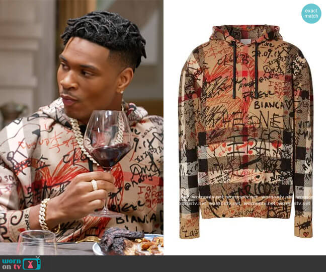 Graffiti-print checked hoodie by Burberry worn by Christian King (Ashlee Brian) on The Kings of Napa
