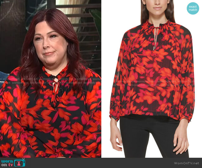 Printed Tie-Neck Blouse by Calvin Klein worn by Carnie Wilson on E! News Daily Pop