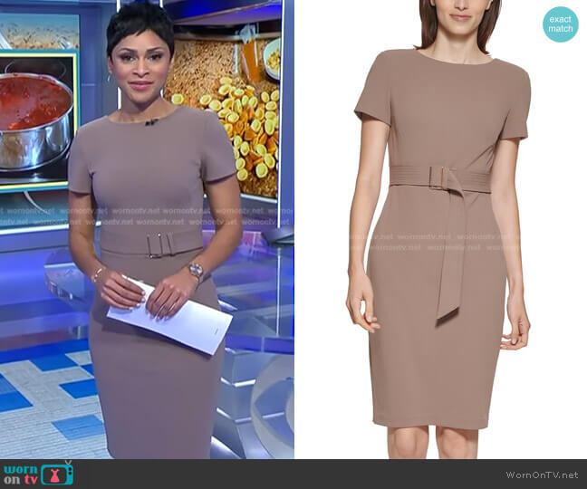 Short-Sleeve Belted Sheath Dress by Calvin Klein worn by Jericka Duncan on CBS Evening News