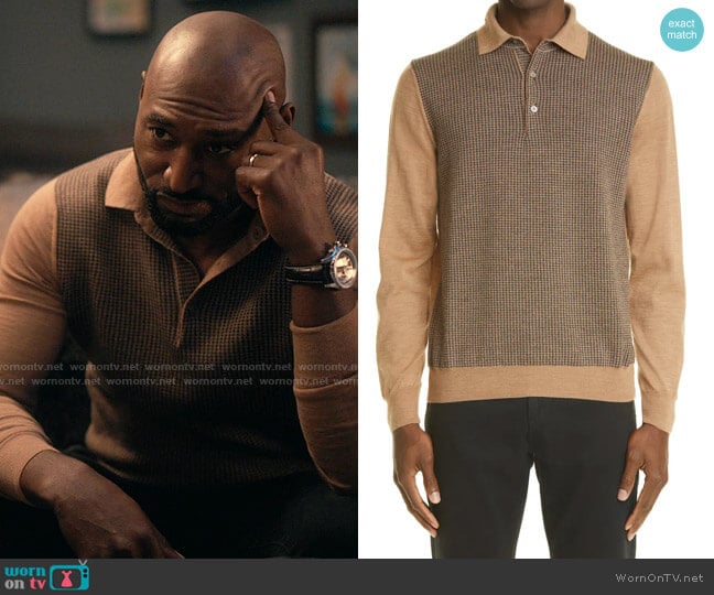 Canali Pattern Block Long Sleeve Wool Blend Polo worn by Philip Banks (Adrian Holmes) on Bel-Air