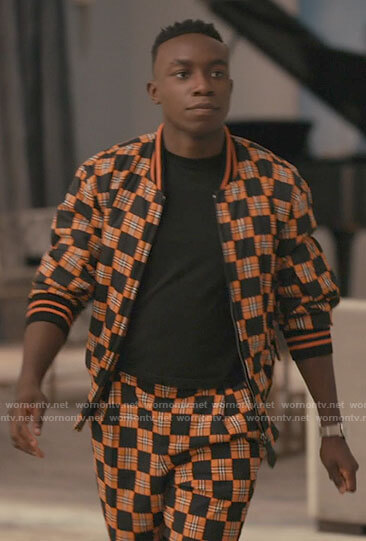 Carlton’s orange plaid and checkerboard bomber jacket and shorts set on Bel-Air