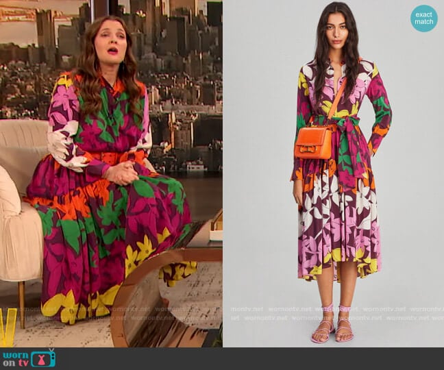 Printed Crepe Shirtdress by Carolina Herrera worn by Drew Barrymore on The Drew Barrymore Show