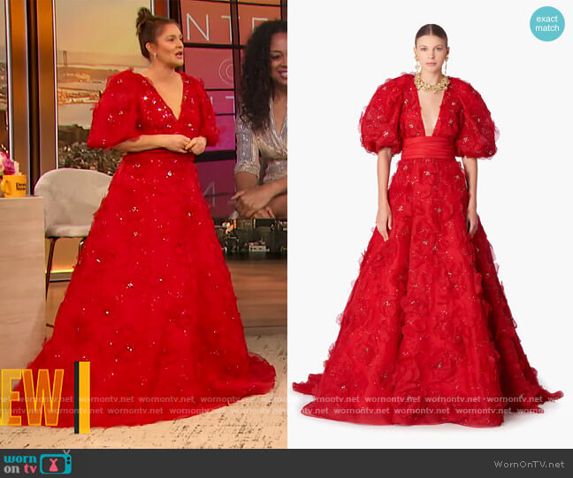 Embroidered Silk Organza Puff Sleeve Gown by Carolina Herrera worn by Drew Barrymore on The Drew Barrymore Show