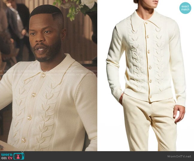 Pearl Leaf Cardigan Sweater by Casablanca worn by Jeff Colby (Sam Adegoke) on Dynasty