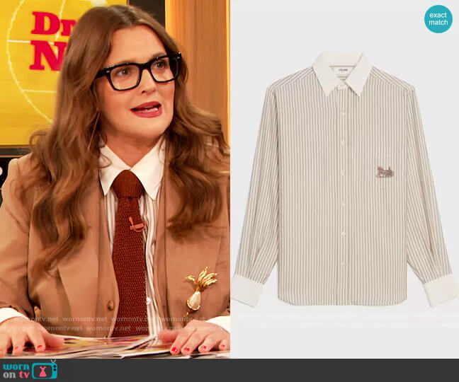 Loose Shirt in Striped Silk Blouse by Celine worn by Drew Barrymore  on The Drew Barrymore Show
