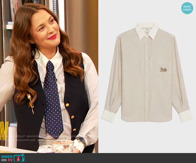 Loose Shirt in Striped Silk Blouse by Celine worn by Drew Barrymore on The Drew Barrymore Show