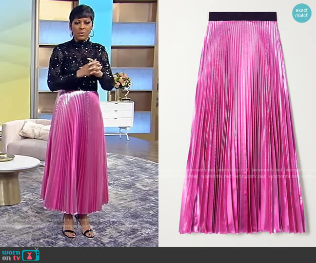 Pleated lame midi skirt by Christopher Kane worn by Tamron Hall on Tamron Hall Show