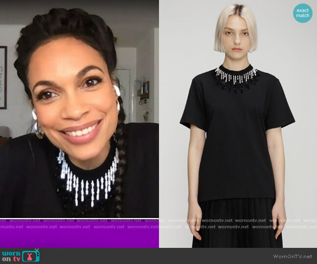 Embellished cotton jersey T-shirt by Christopher Kane worn by Rosario Dawson on The Talk