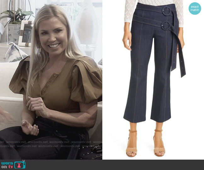 Jessi Double Belt Crop Kick Flare Denim Pants by Cinq a Sept worn by Dr. Jen Armstrong on The Real Housewives of Orange County