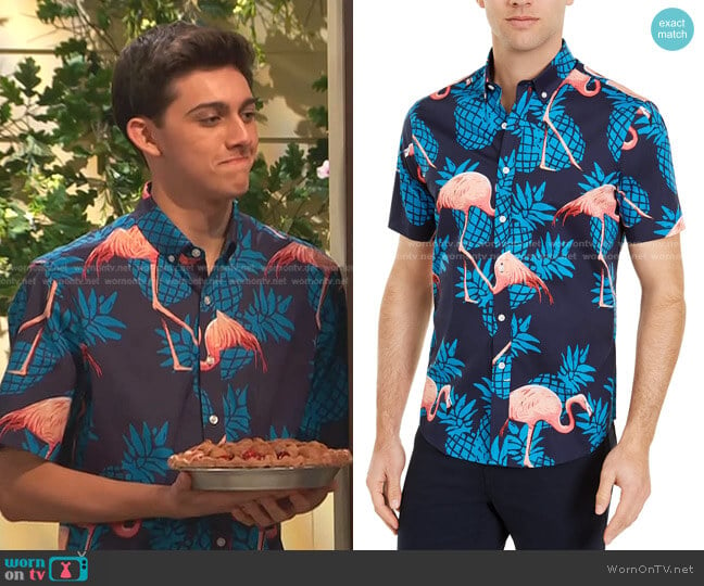 Flamingo Print Short Sleeve Shirt by Club Room worn by Neil (Felix Avitia) on Ravens Home