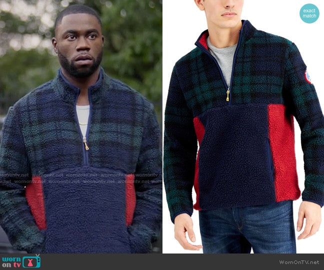 Club Room Sherpa Fleece Plaid Quarter-Zip Colorblock Sweater worn by James (Garrick Bernard) on Single Drunk Female