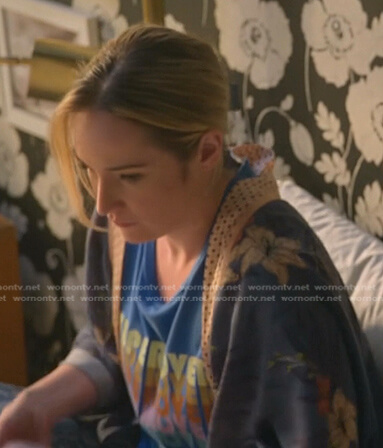 Davia’s blue Super Lover print tee on Good Trouble